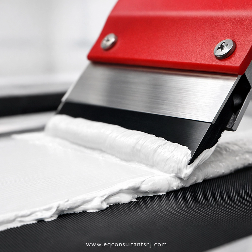 Close-up of screen printing squeegee and ink, representing operational efficiency and job costing for NJ printers.