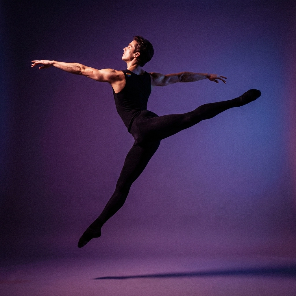 Male ballet dancer performing powerful arabesque leap showcasing gay artistry and grace