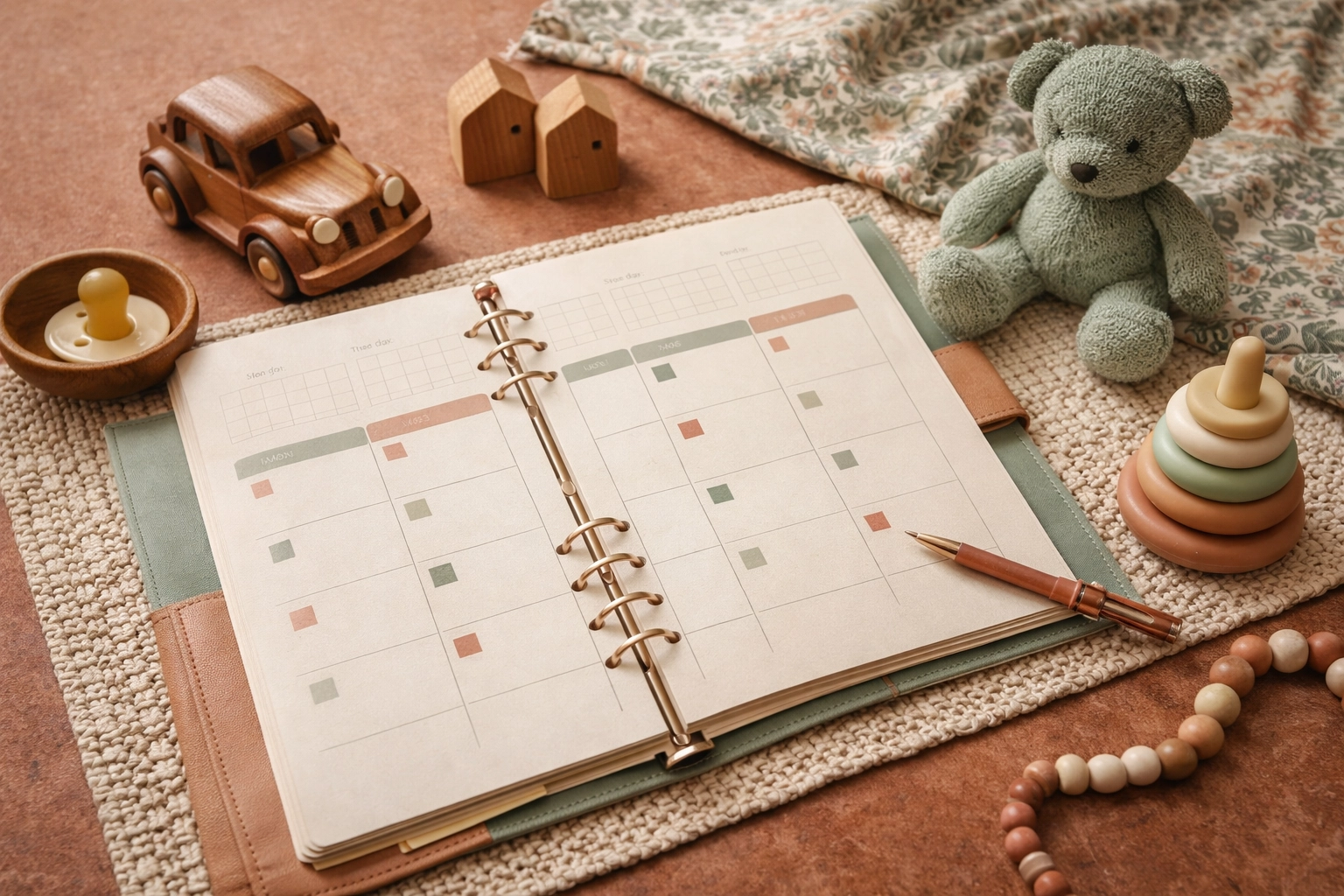 Planner, toy car, and scheduling tools illustrating a modified child custody arrangement in Fredericksburg, VA