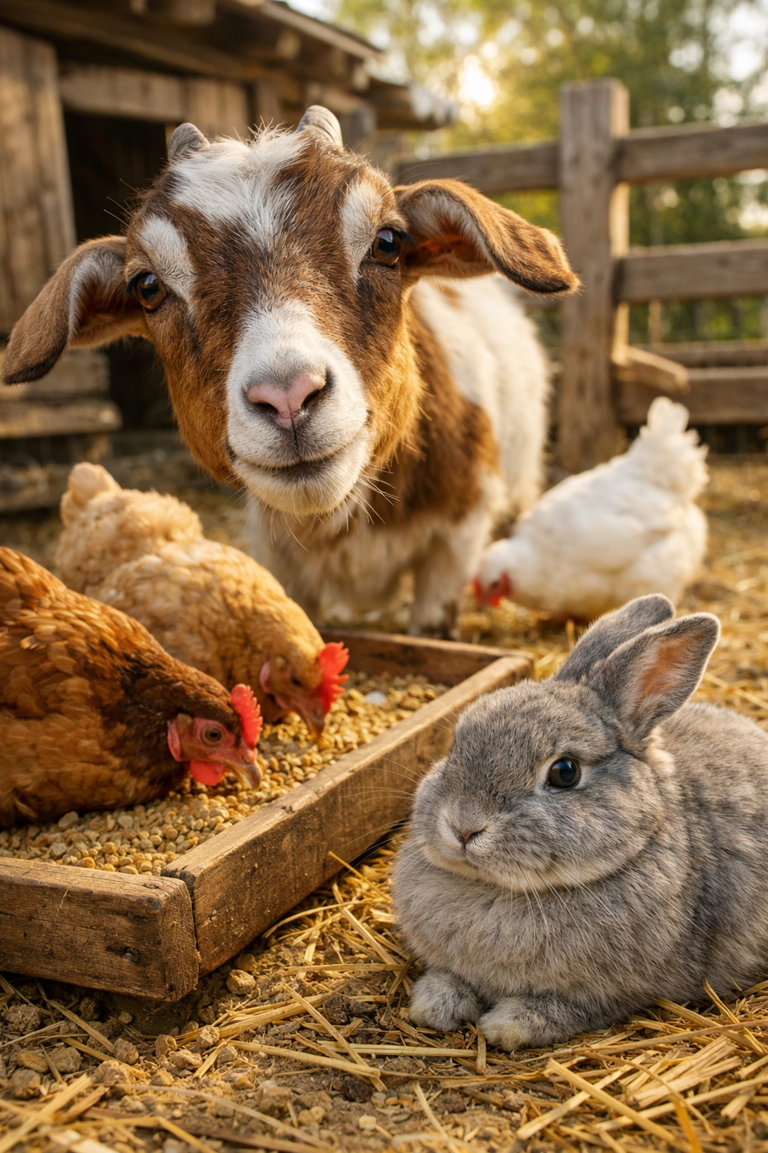 Friendly farm animals at Vineyard Farm - goats, chickens, and rabbits for feeding