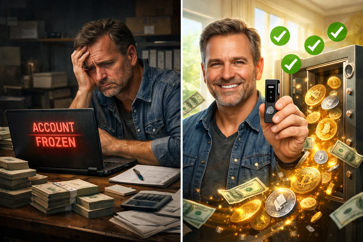 Comparison of frozen custodial merchant account versus confident merchant with self-custody crypto wallet