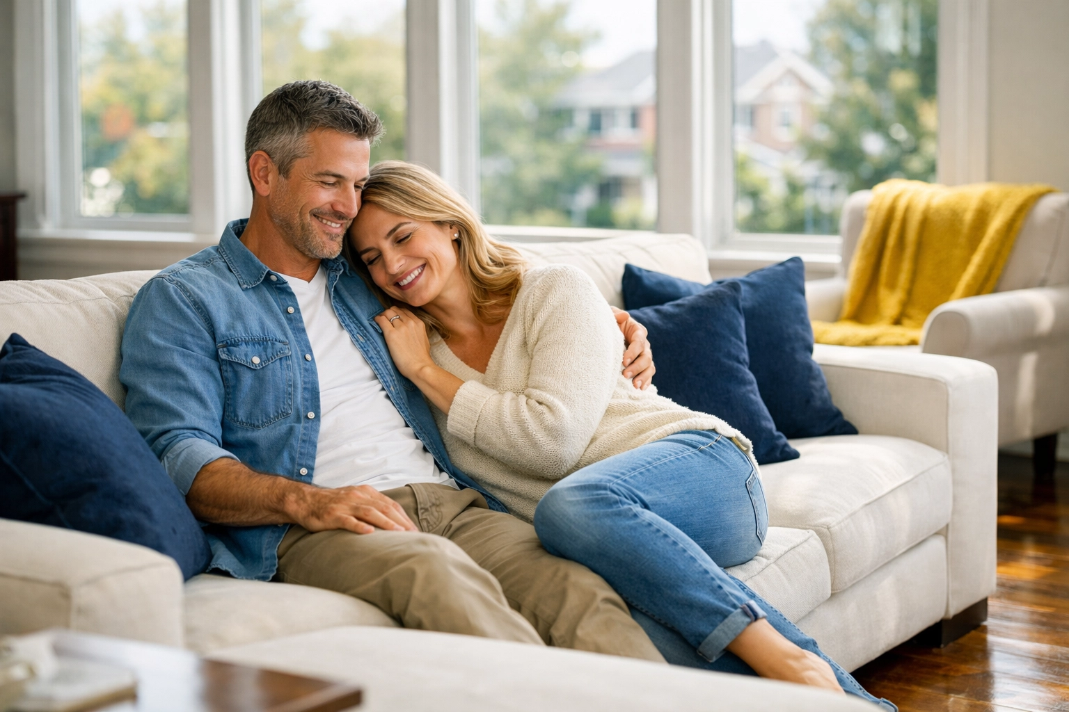 A relaxed couple enjoying a clean living room after professional house cleaning in Leominster MA.