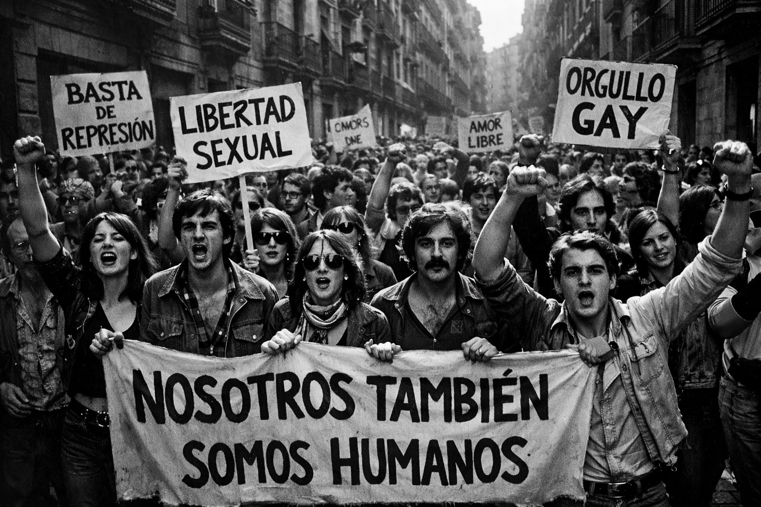 LGBTQ+ protesters marching in 1970s Barcelona demanding rights and sexual amnesty