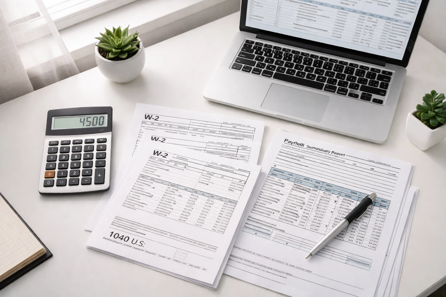 Home office desk with tax documents, W-2 forms, and payroll records illustrating nanny tax preparation