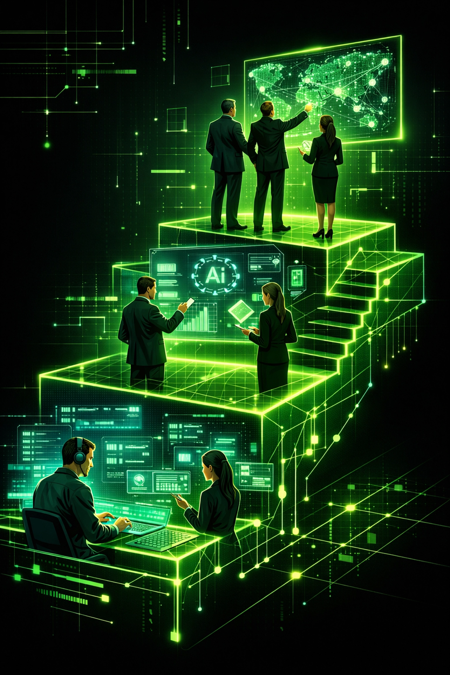 Government workforce hierarchy showing technical staff, managers, and executives learning AI