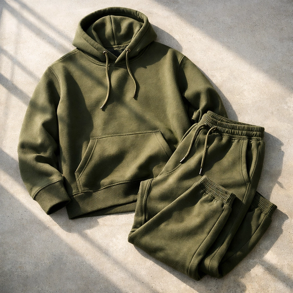 Premium olive green sensory clothing set featuring a heavy-weight hoodie and joggers for deep pressure.