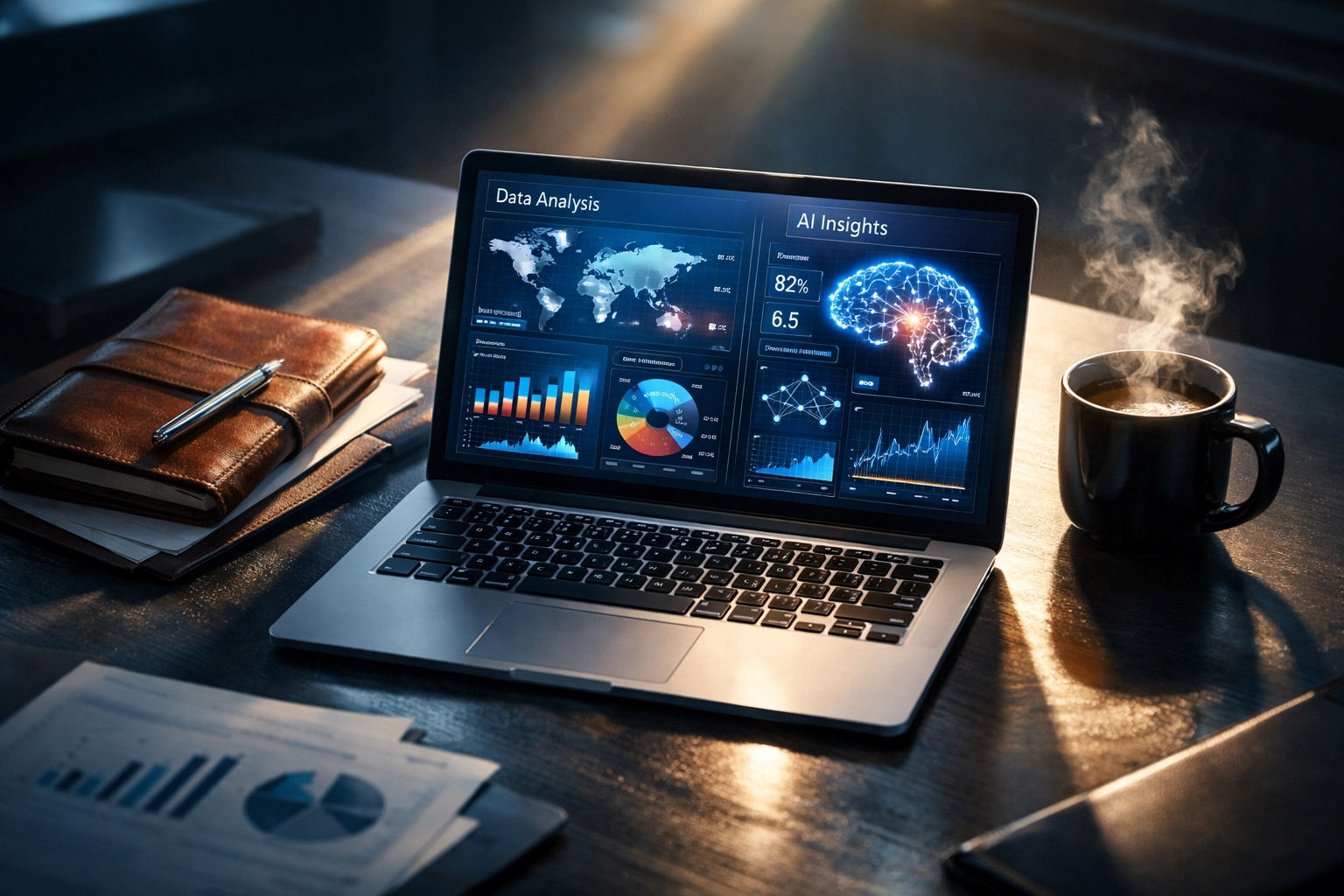 CEO desk with laptop displaying AI analytics dashboards and business data with morning coffee