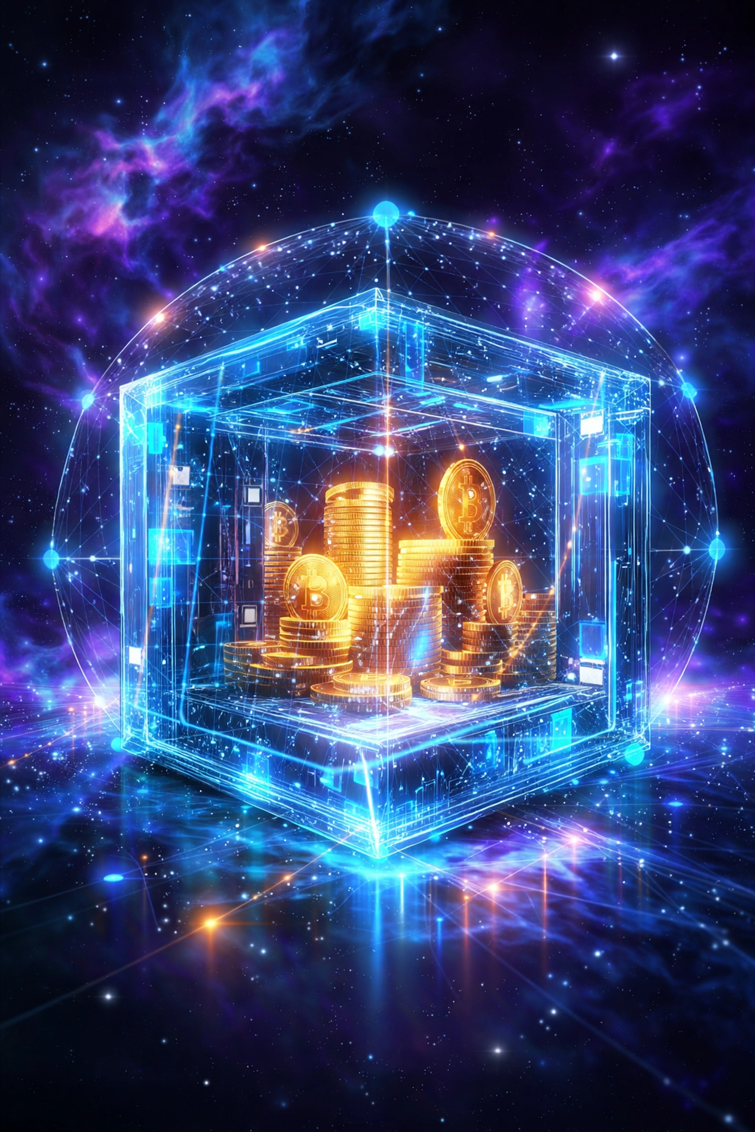 Futuristic digital vault in space highlighting LUSD stablecoin security, decentralization, and Web3 global payment benefits.