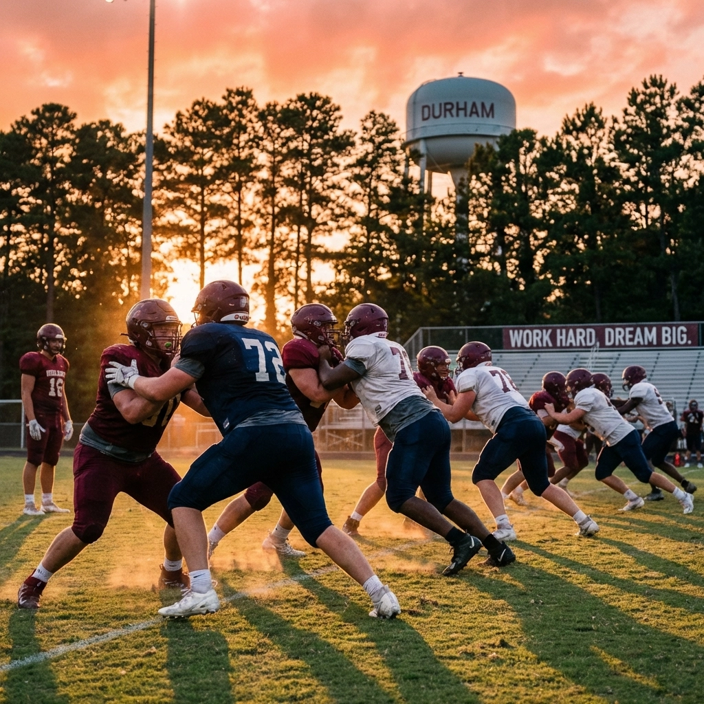 High school football linemen from Durham, NC practice blocking drills at sunset, showcasing local talent.