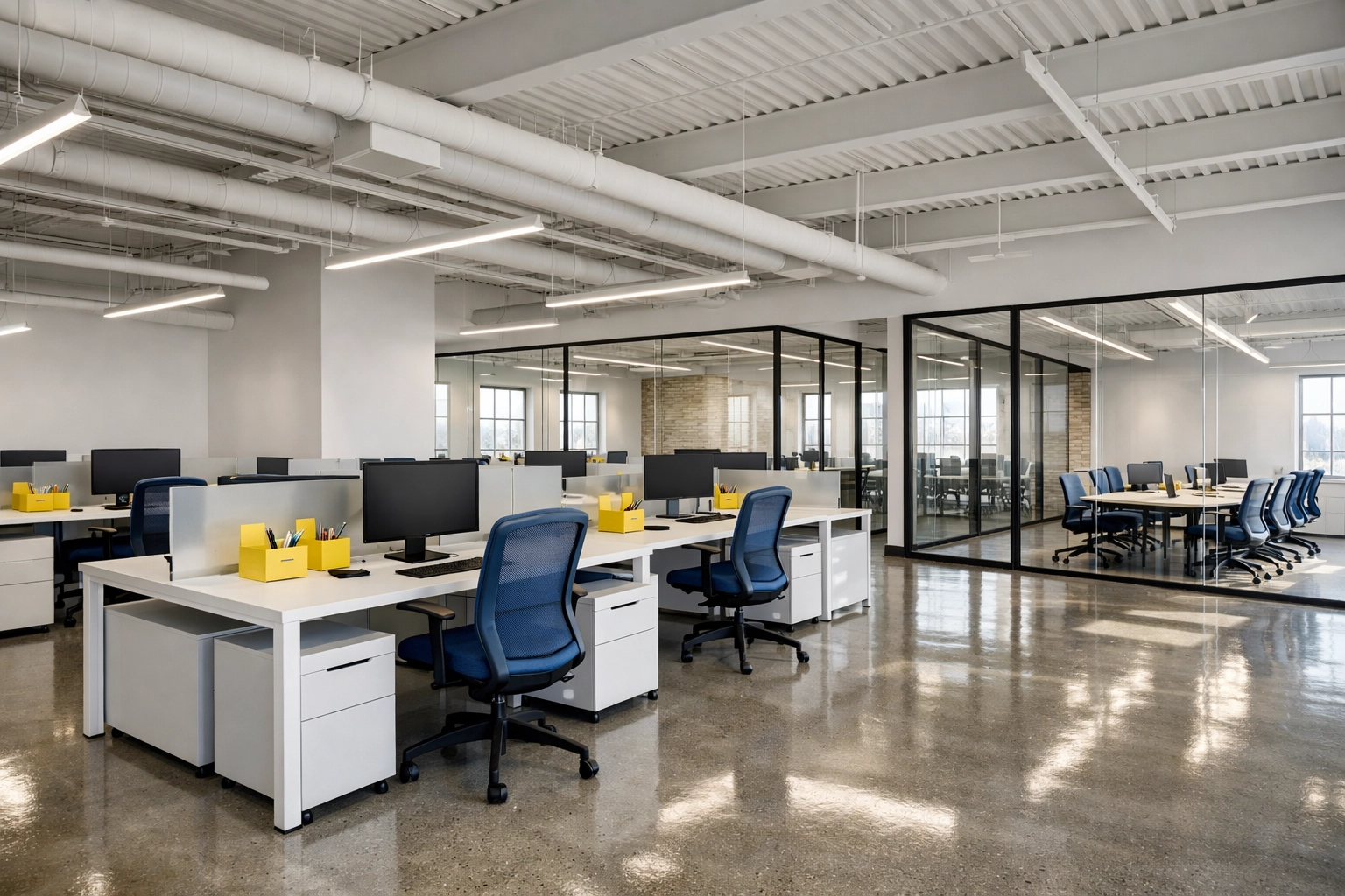 Pristine modern office space following deep post construction cleaning in Littleton, Massachusetts.