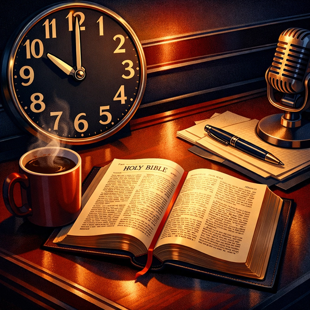 Peaceful evening newsroom desk with Bible and coffee at 10 PM for nighttime news reflection