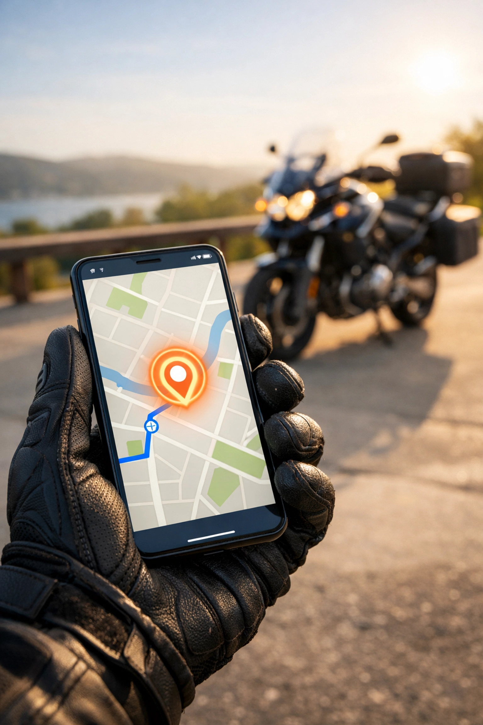 Rider using a smartphone map to receive location-based motorcycle safety alerts through radius marketing.