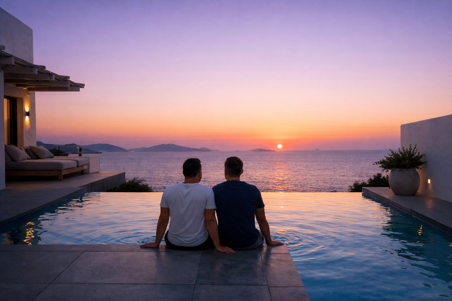 Gay couple relaxing at luxury Mykonos villa pool overlooking Aegean Sea