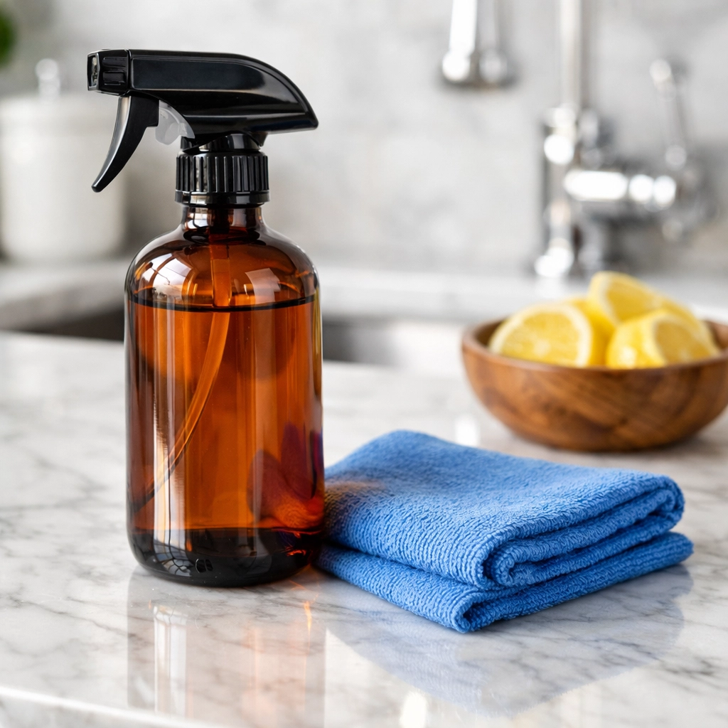 Eco-friendly cleaning tools on a polished kitchen counter for a deep move-in/move-out cleaning in Boston.