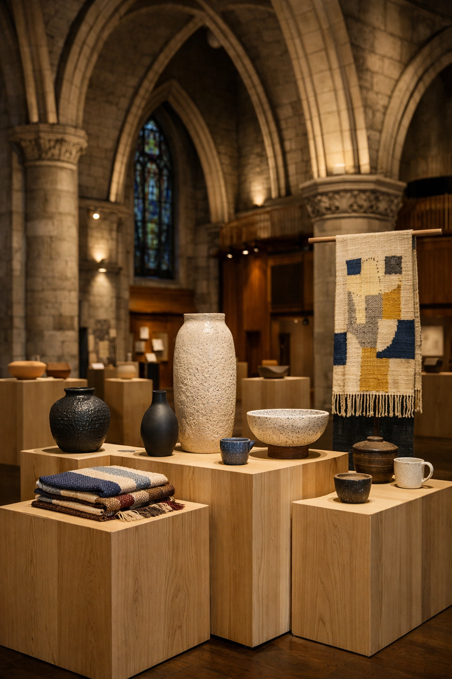 Handcrafted ceramics and traditional Quebec crafts displayed inside the MUMAQ museum in Montreal.