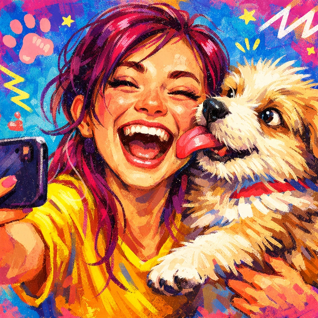A volunteer laughing as a playful rescue puppy licks her face during a fun social media photo session.