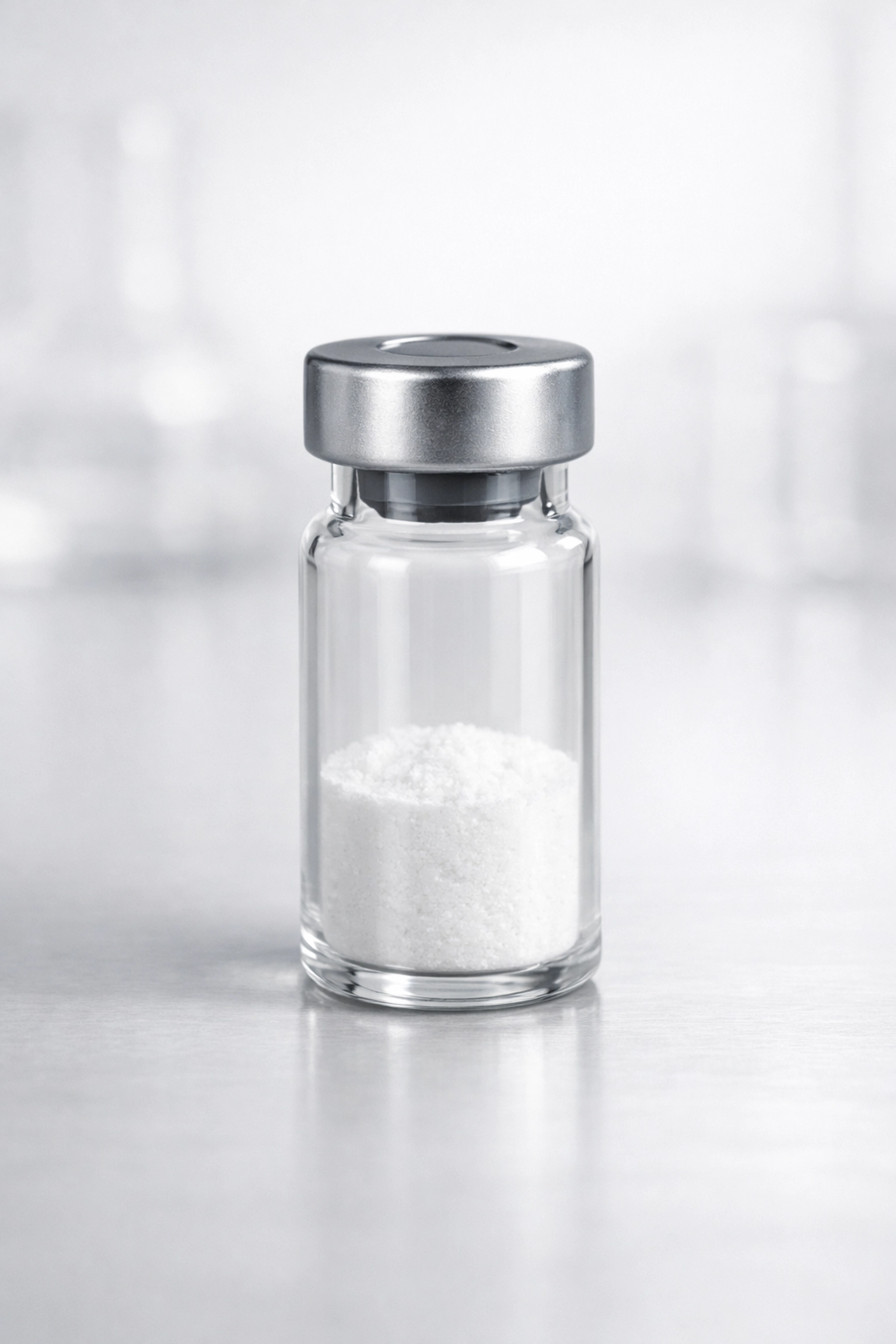 A research vial of Testagen peptide powder for male performance research on a clean laboratory surface.