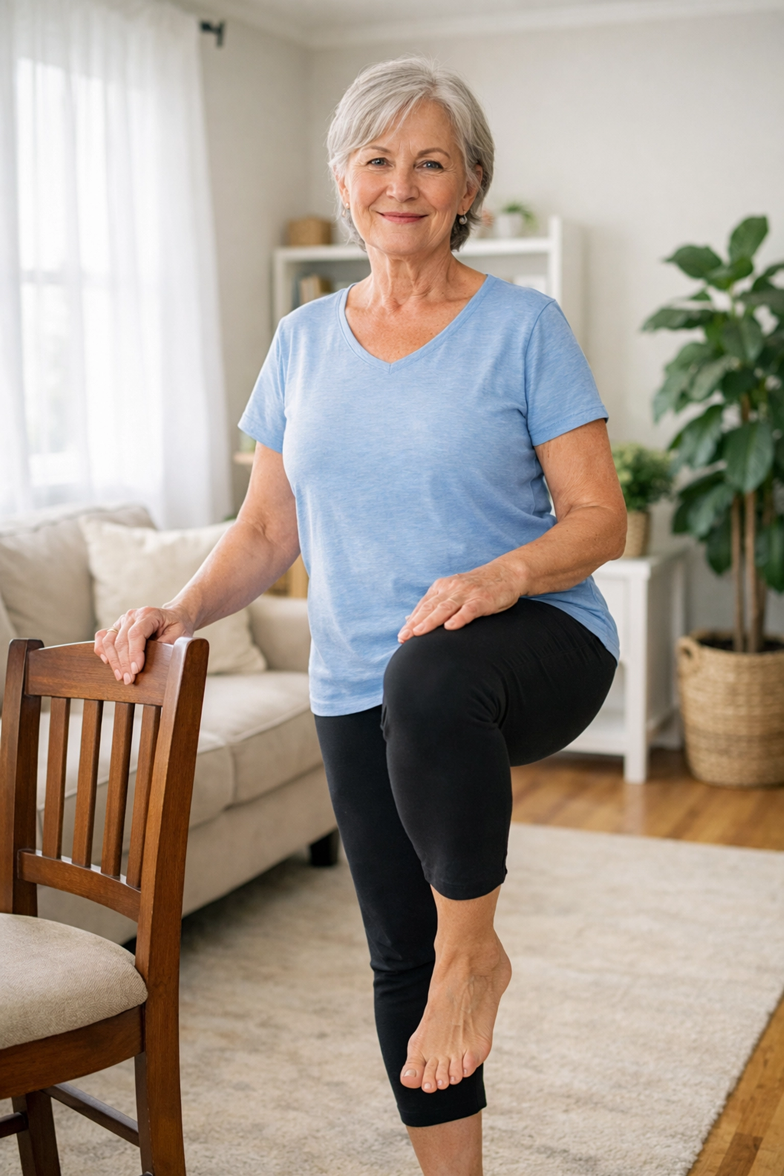 Senior woman performing balance exercises with a chair for support in a bright living room.