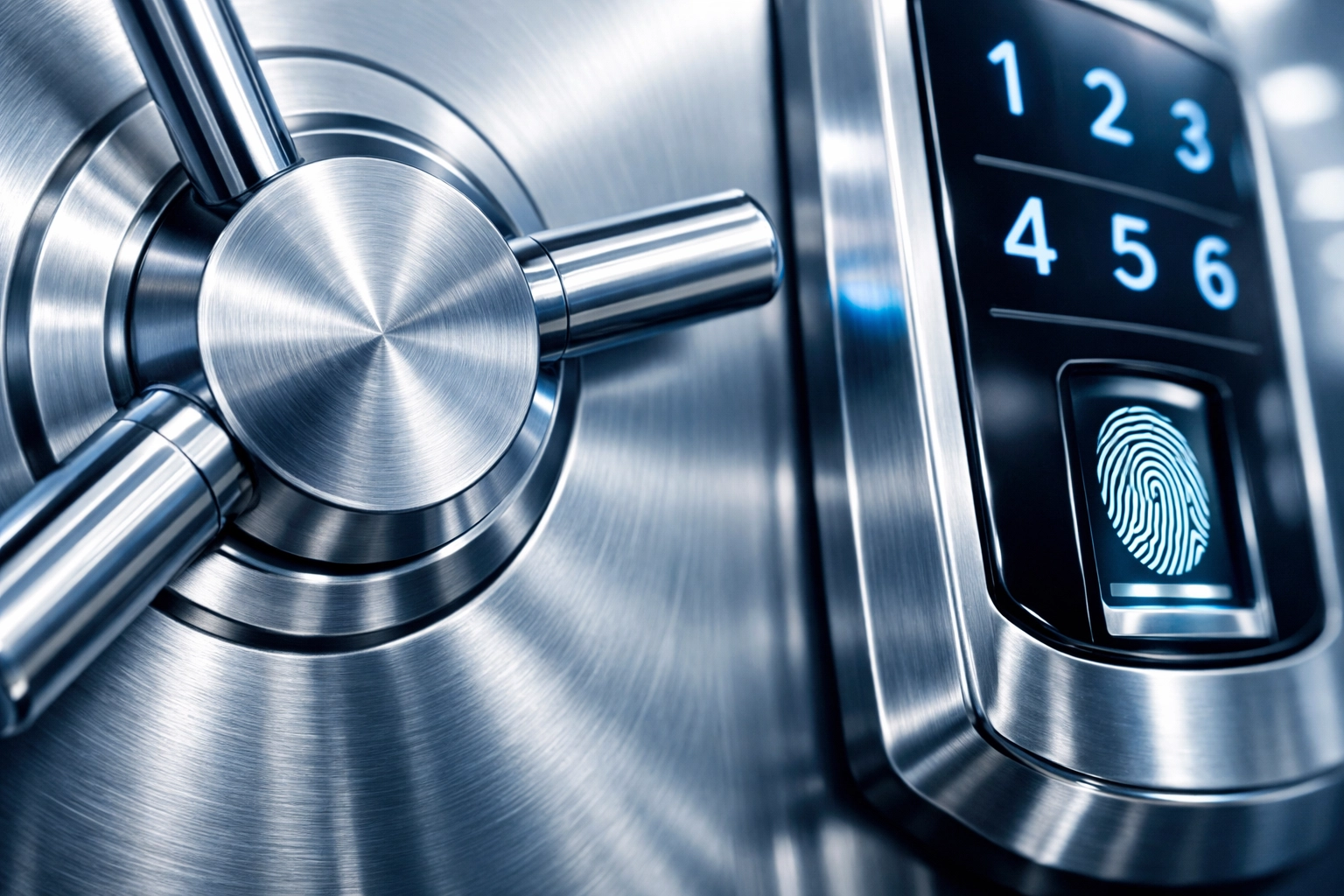Fingerprint-free stainless steel bank vault handle, highlighting meticulous detail in security-focused cleaning.
