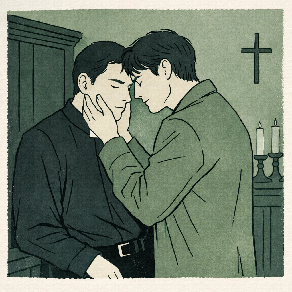 A man in a clerical collar shares an intimate, secret moment with another man in a quiet church vestry.