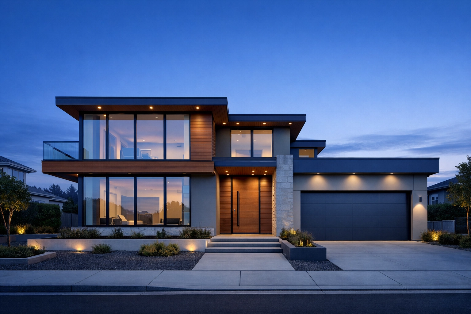 Modern contemporary home exterior at dawn, representing long-term real estate investment and equity growth.