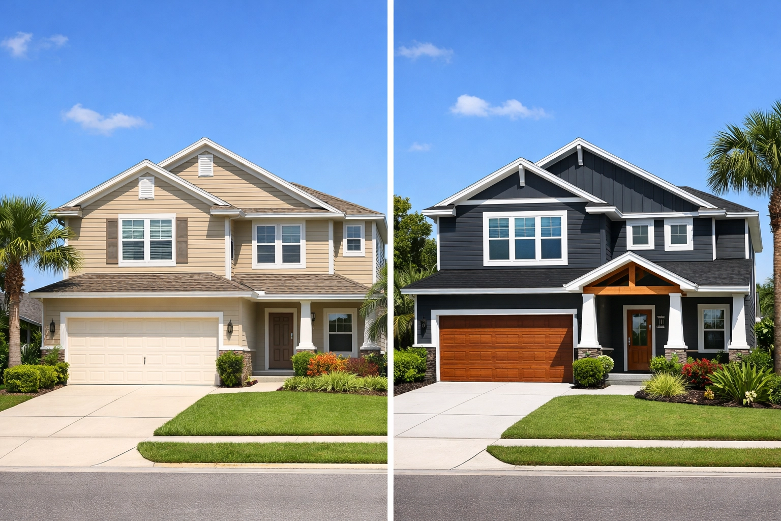 Orlando homes comparing beige and charcoal grey exterior paint colors