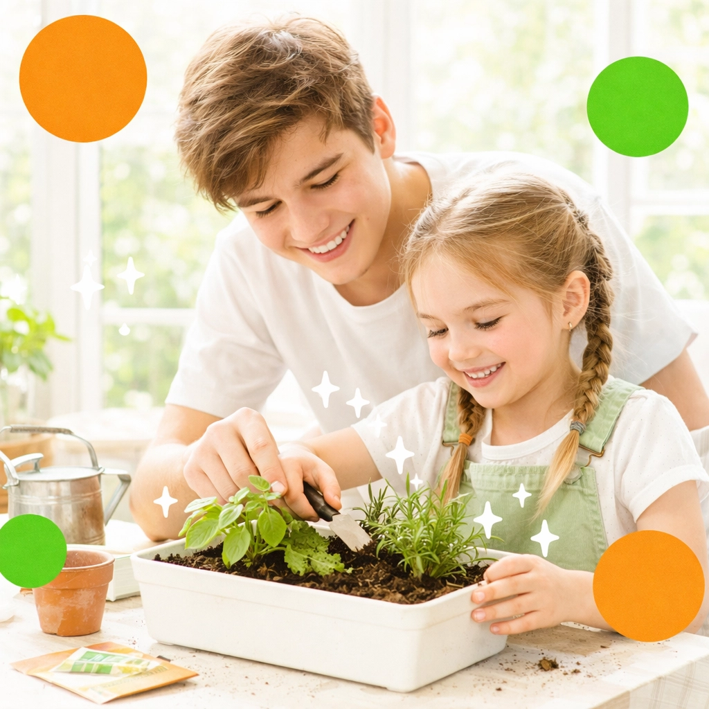 A teenage boy mentoring his younger sister, illustrating Christian stewardship and life skills.