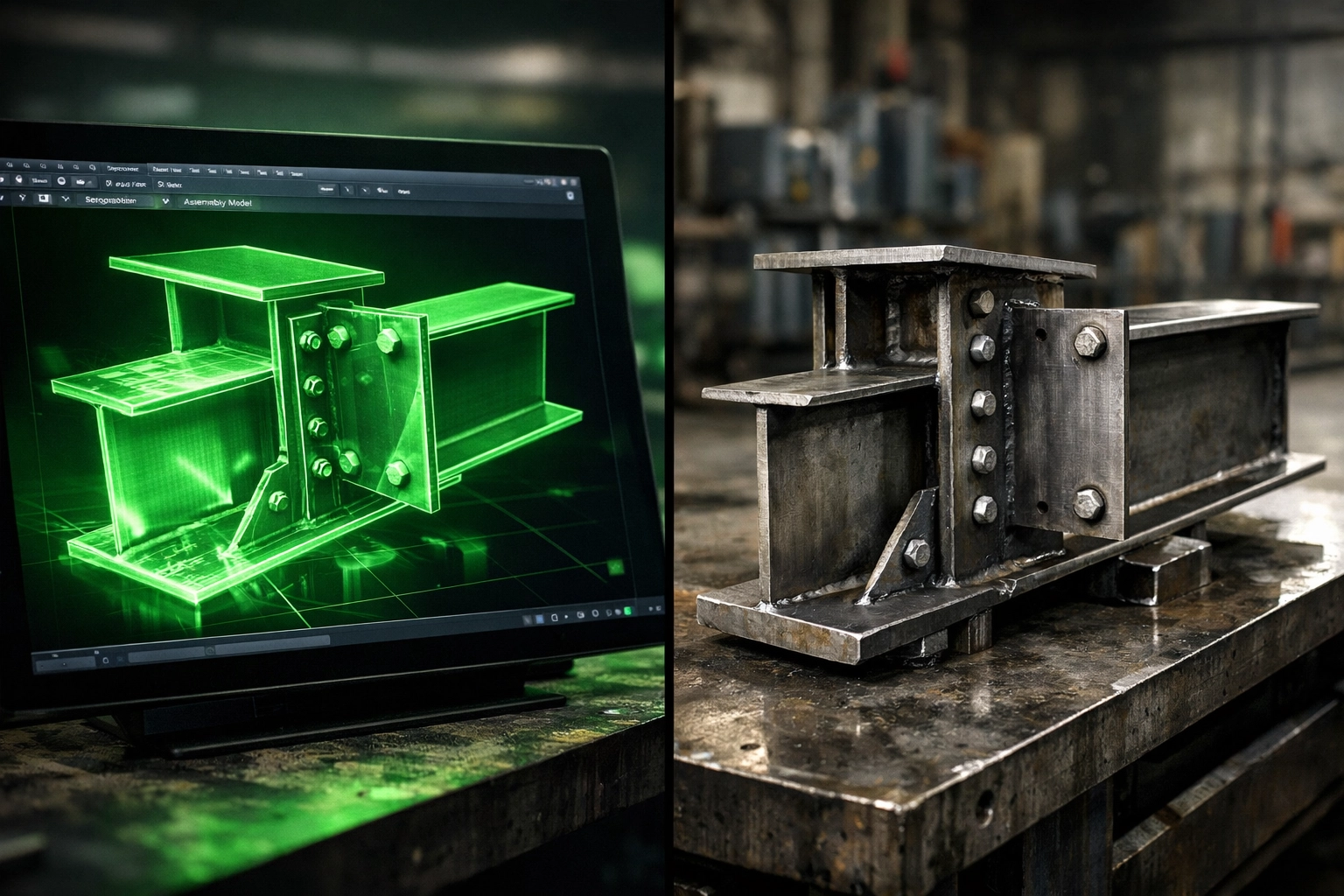 Digital CAD model compared side-by-side with fabricated steel component on shop floor