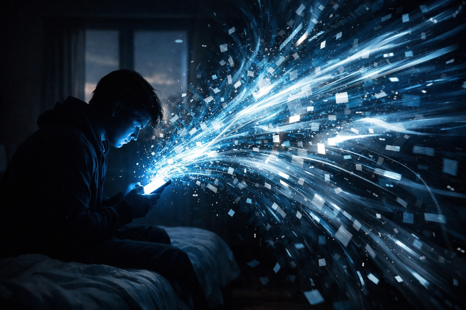 Person on a bed at dawn looking at a smartphone, symbolizing the overwhelming chaos of digital news.