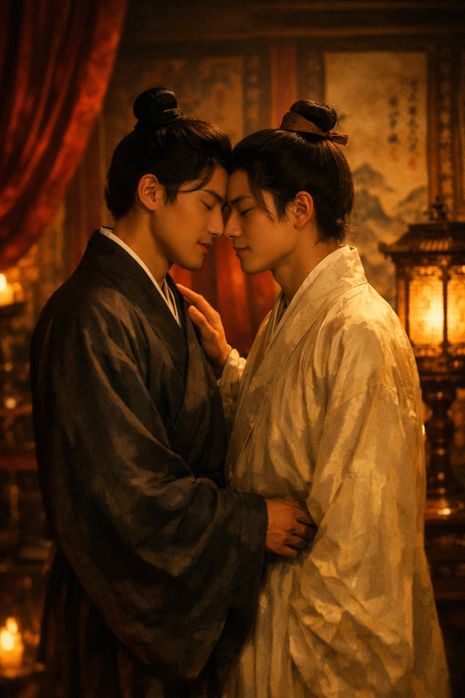 Two Chinese scholars in intimate moment during ancient China when same-sex love was tolerated