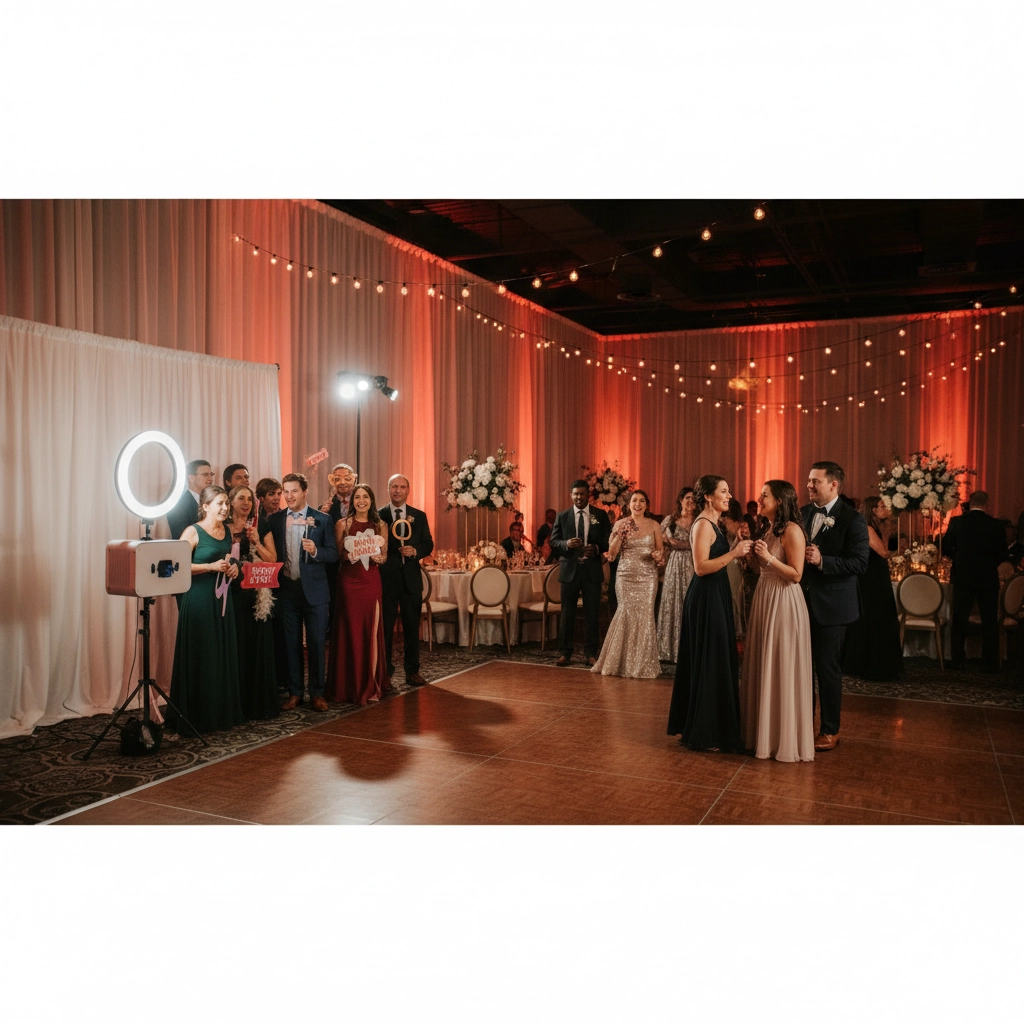 Guests pose with props and a ring light at a formal event. A couple dances in a warmly lit ballroom with draped curtains and floral decor.