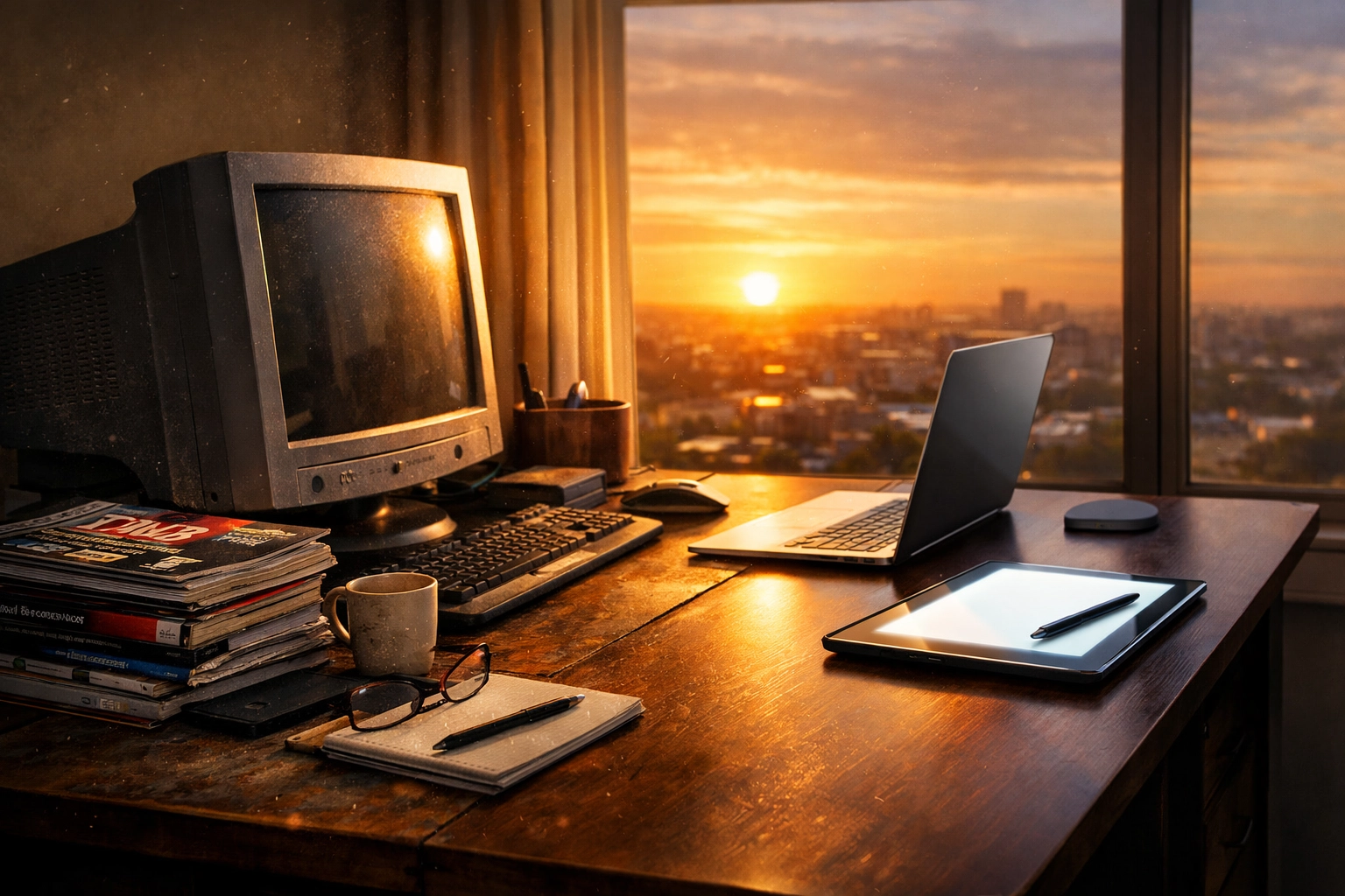 A workspace transitioning from old tech to a modern laptop, symbolizing the evolution of blog and youtube.