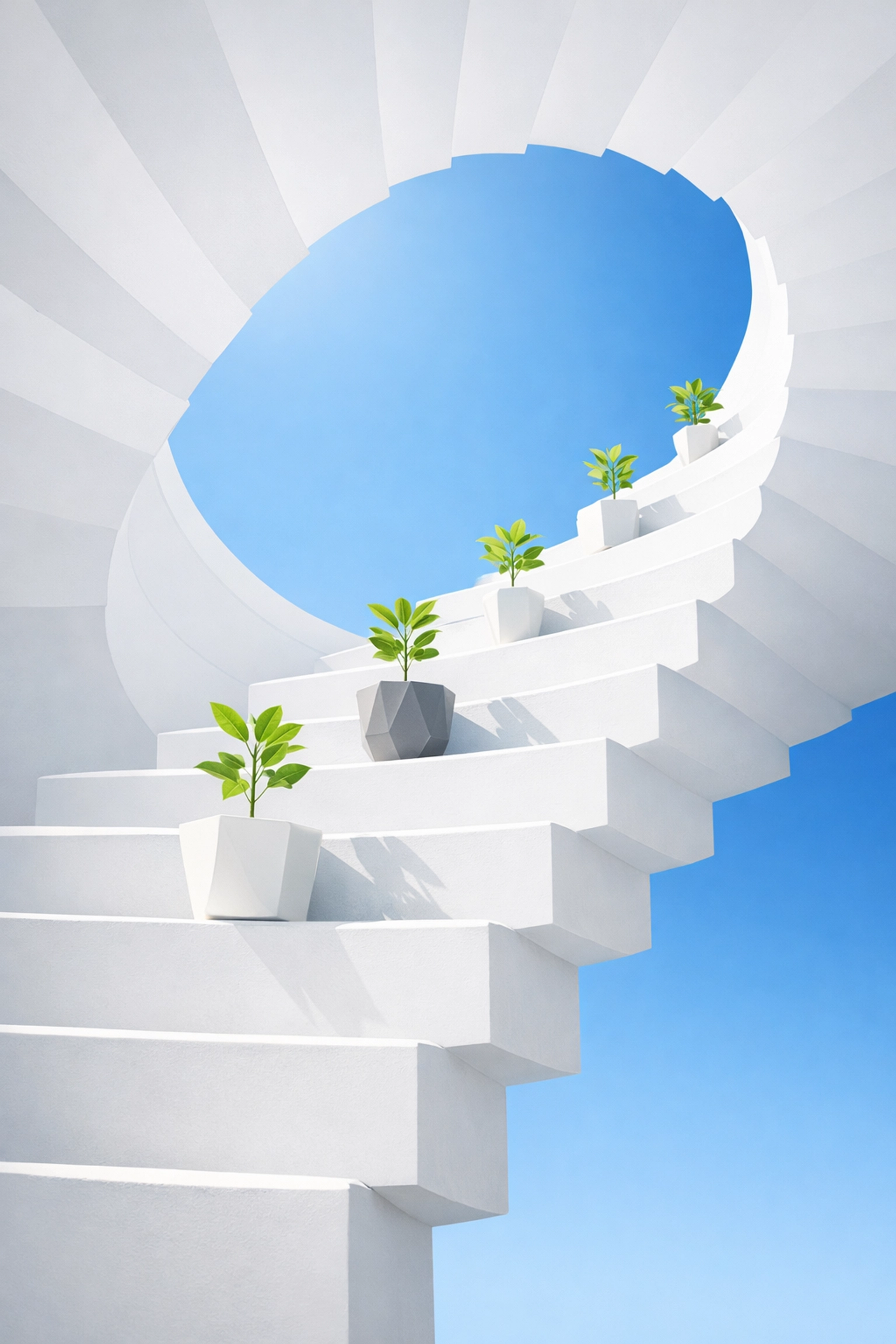 A staircase with plants spiraling toward the sky representing the growth and ROI of customer support software.