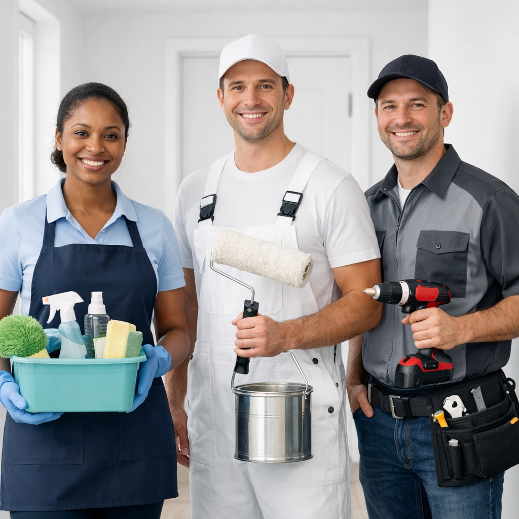 Coordinated turnover team of cleaners and maintenance workers in apartment hallway