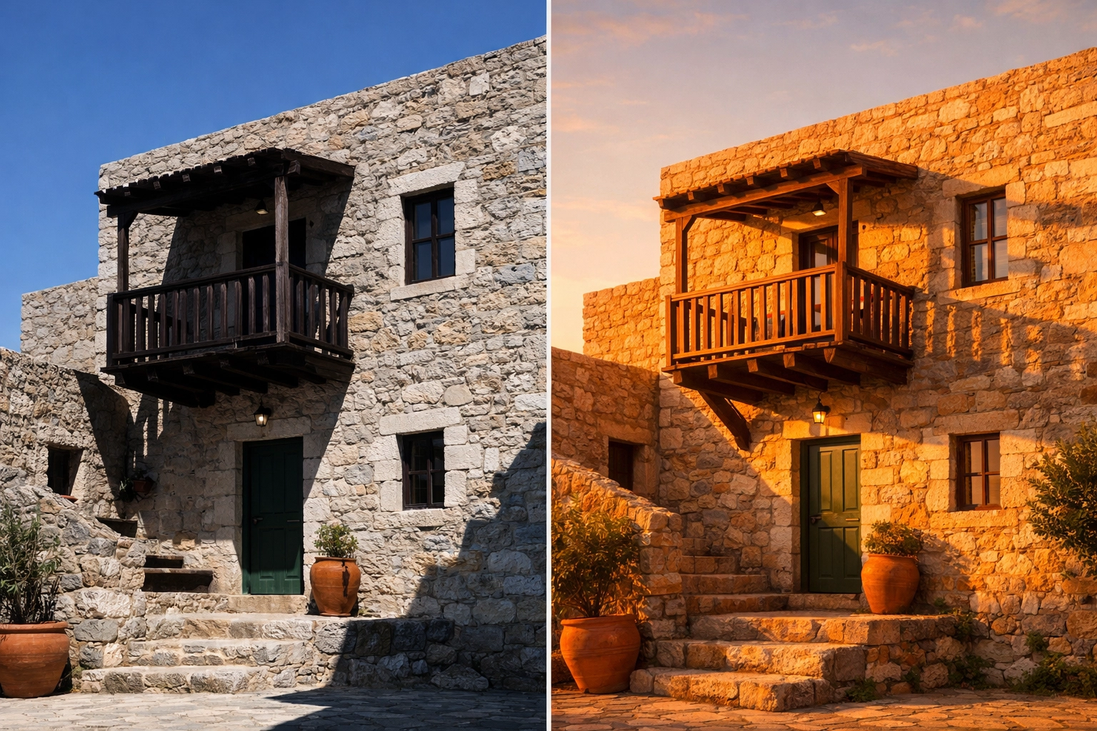 Comparison of harsh midday light versus soft golden hour light in photography tutorials.