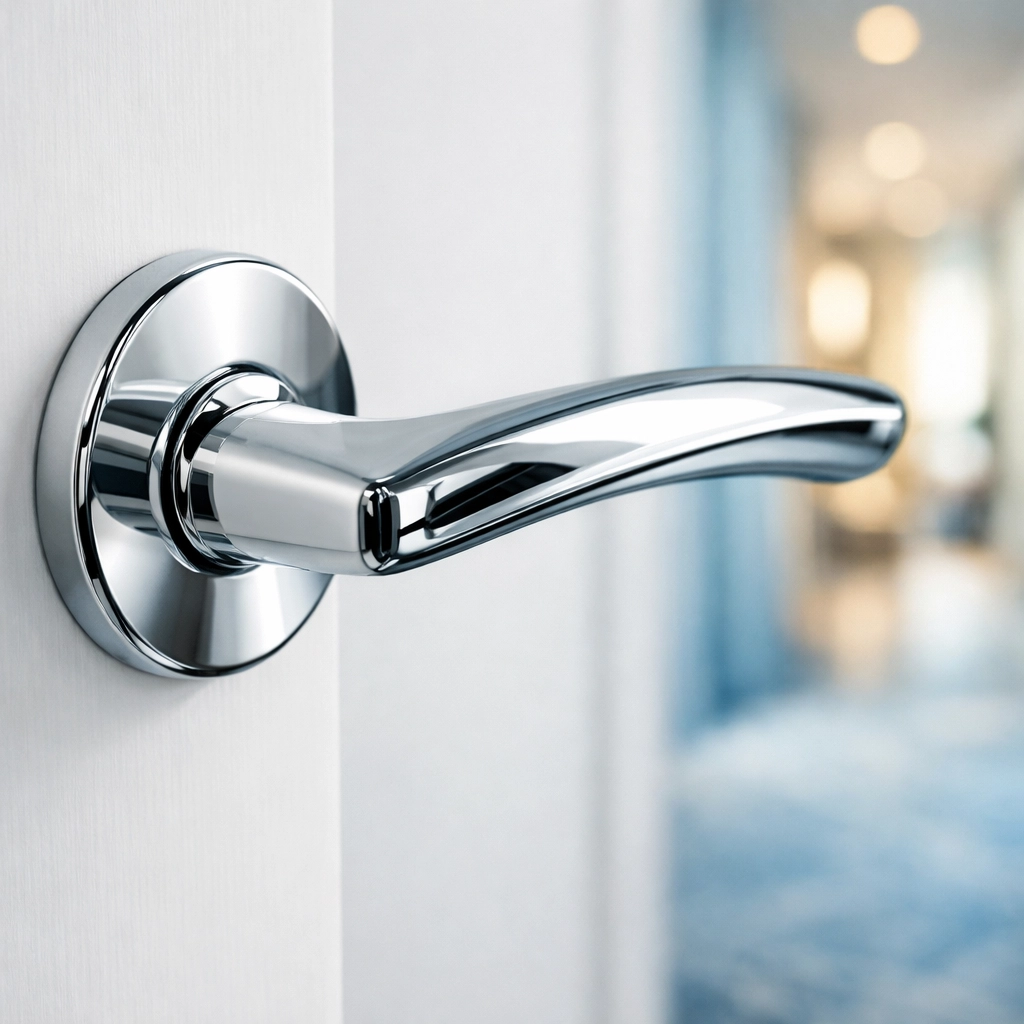 Meticulous residential cleaning Massachusetts results shown on a streak-free polished chrome door handle in a Dover home.