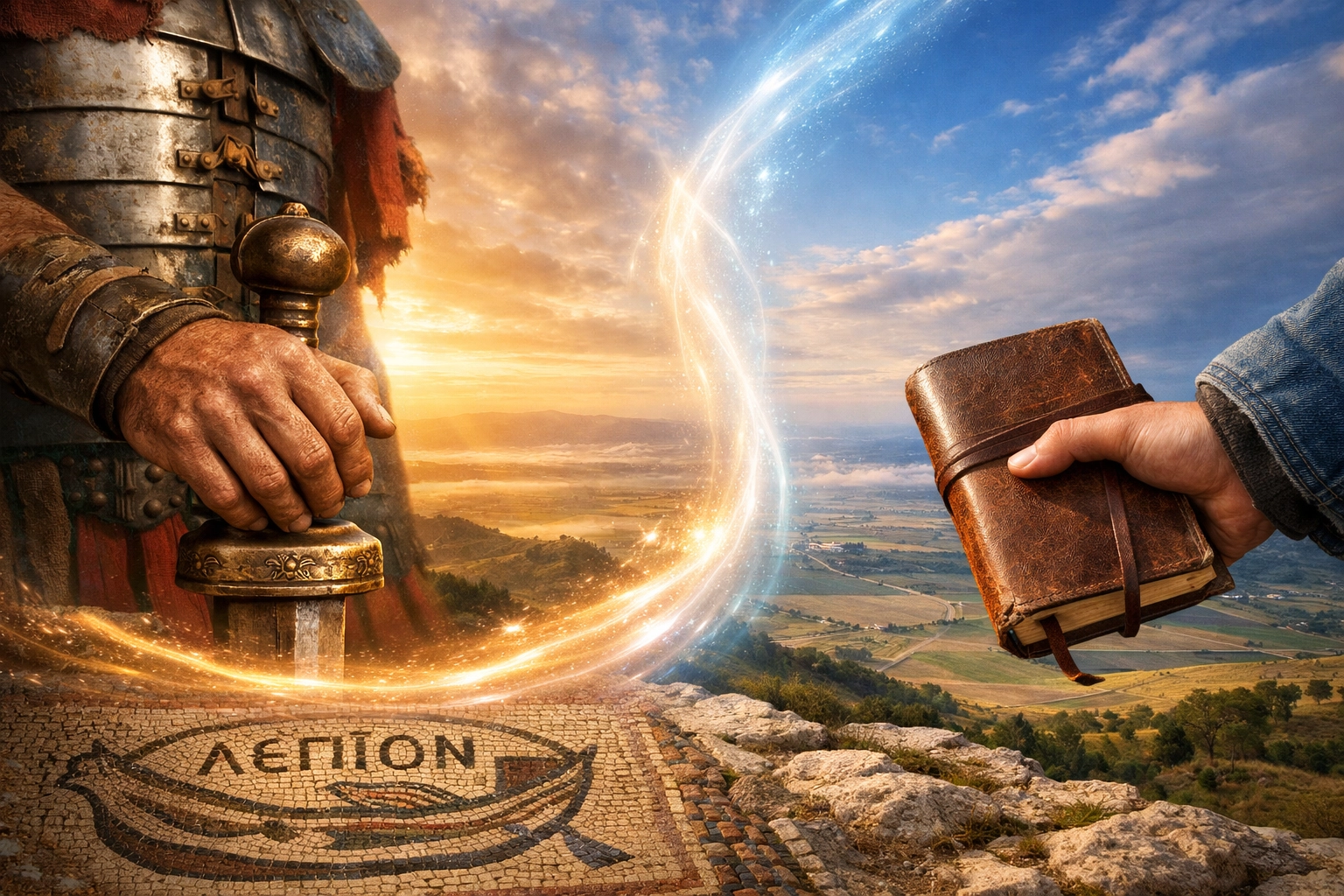 A Roman soldier and modern traveler connecting over historical Bible evidence at the Megiddo site.