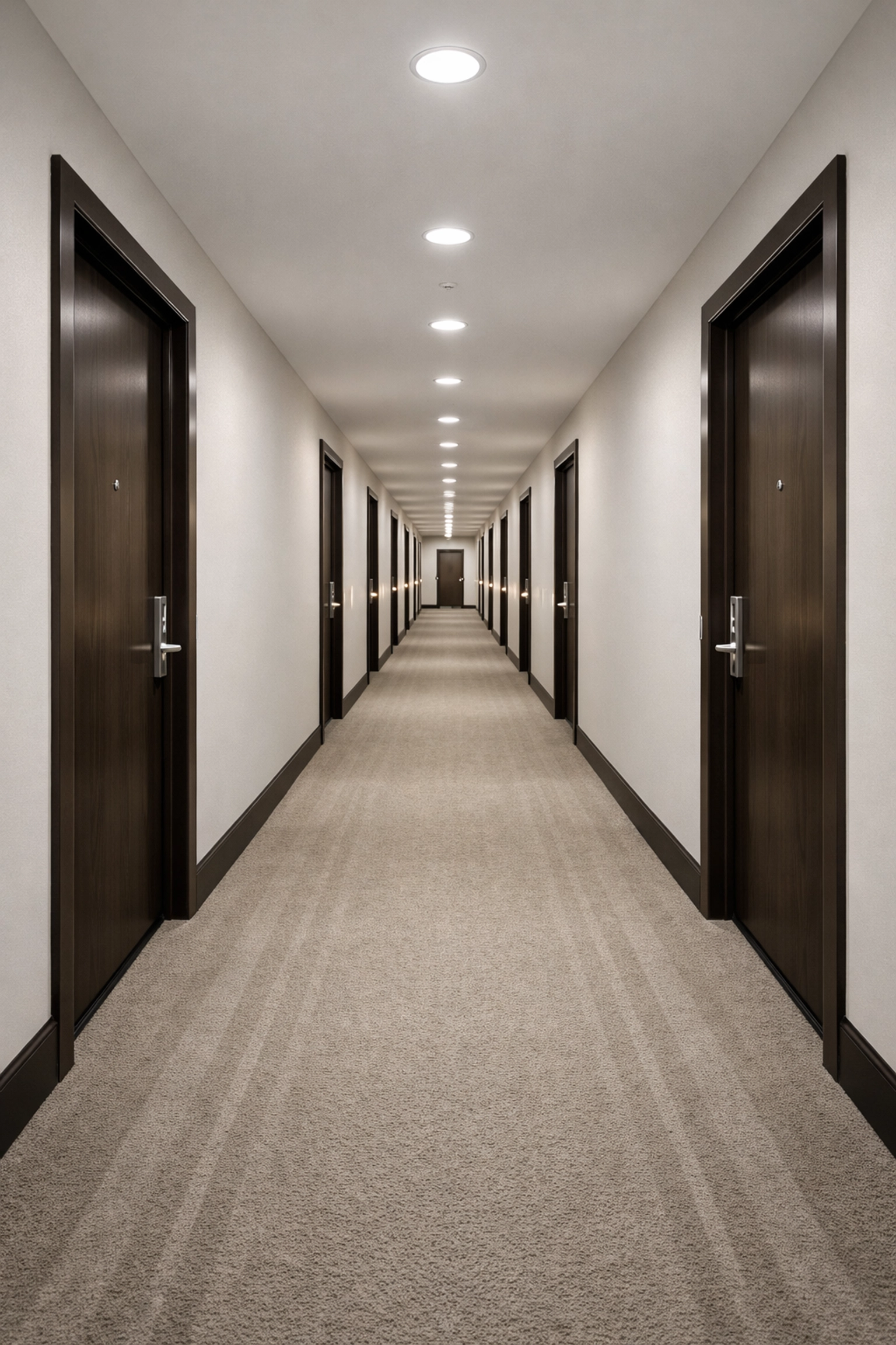 Pristine hallway with vacuumed carpets in a modern Indianapolis multifamily apartment building.