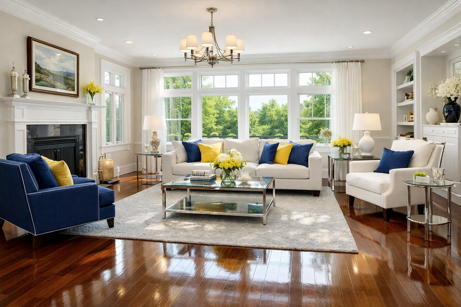 High-end Southborough living room with polished hardwood floors after a professional deep cleaning.