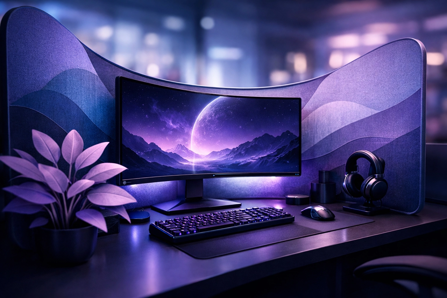 A private workspace setup with desk dividers and plants to create visual boundaries and reduce distraction.