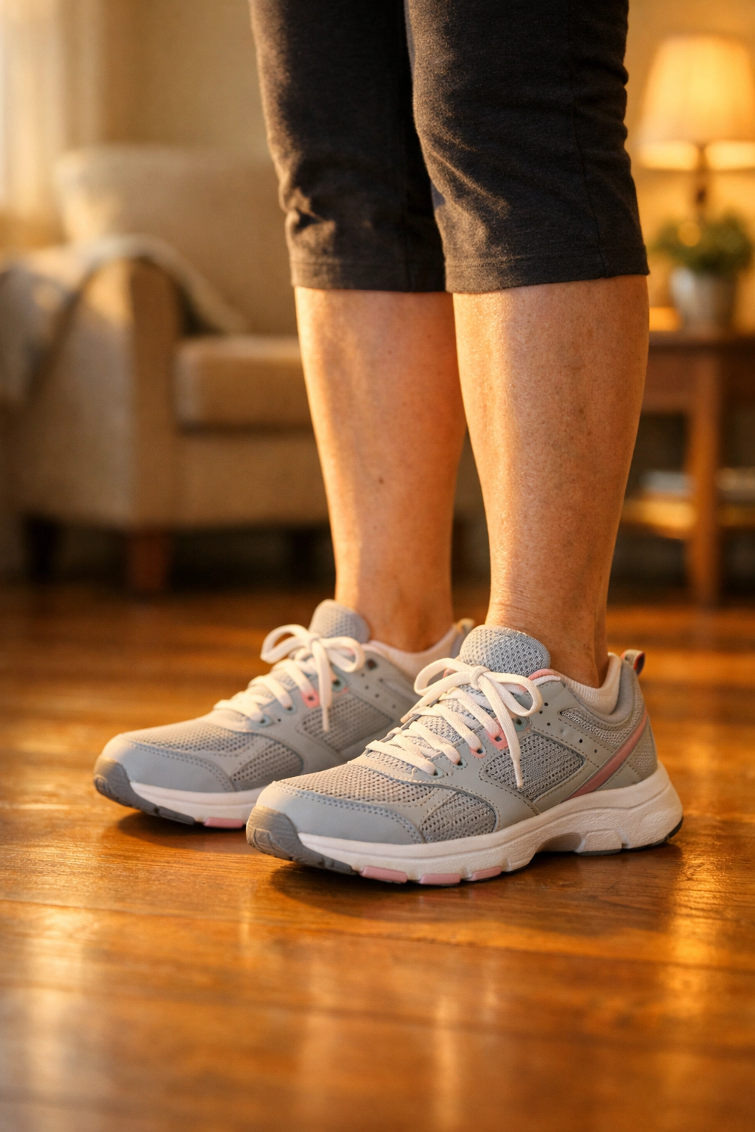 Senior woman in athletic shoes standing with stable posture on home floor