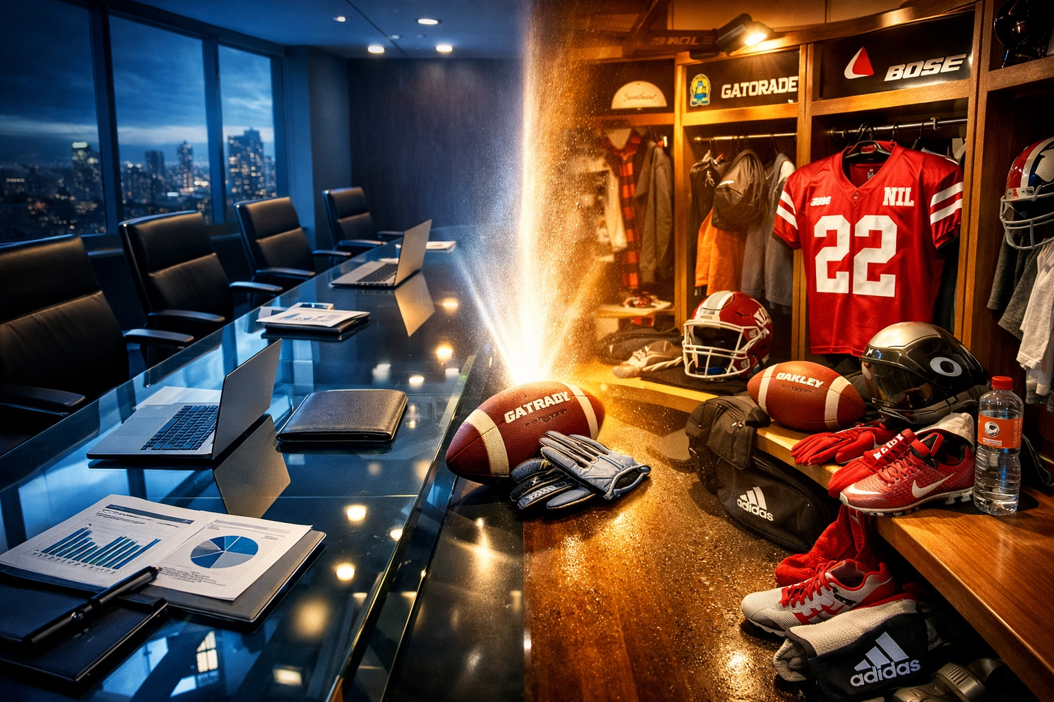 Fortune 100 corporate boardroom merging with athletic locker room showing NIL talent pipeline