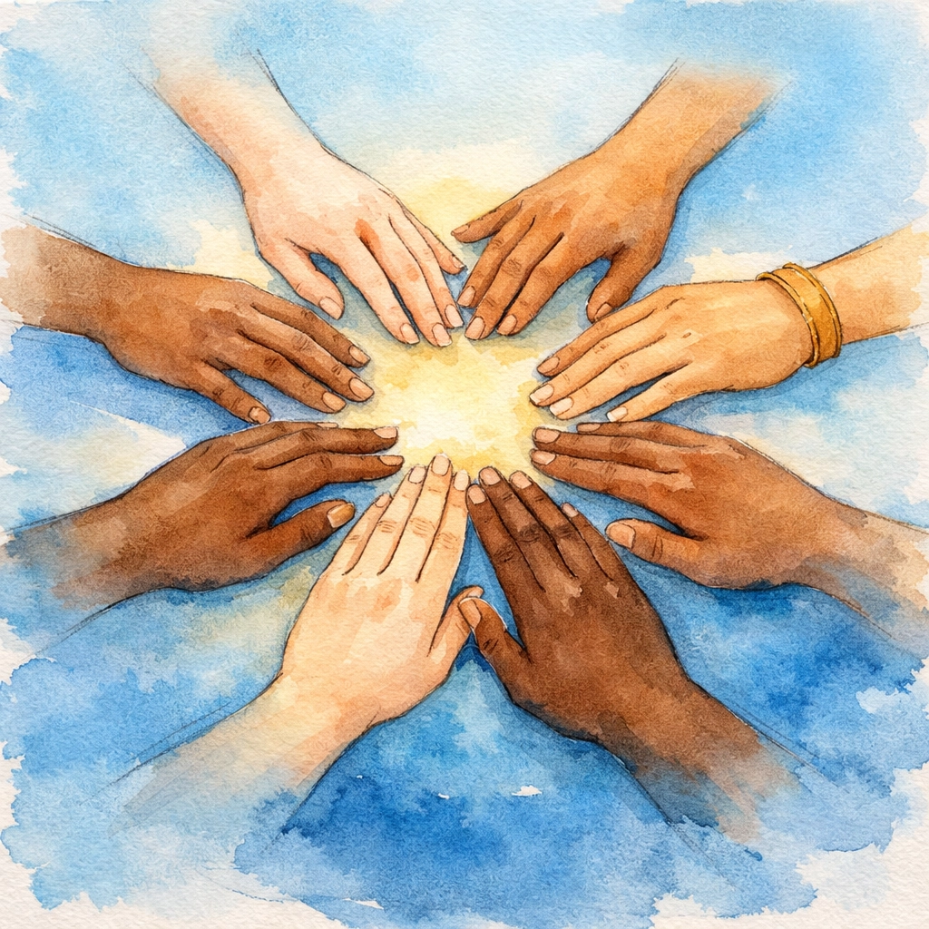 Diverse hands reaching together symbolizing Christian community and unity in belonging