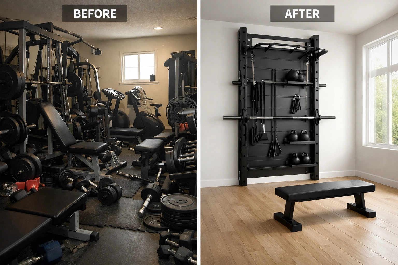 Before and after comparison showing cluttered gym versus space-efficient versatile home gym system
