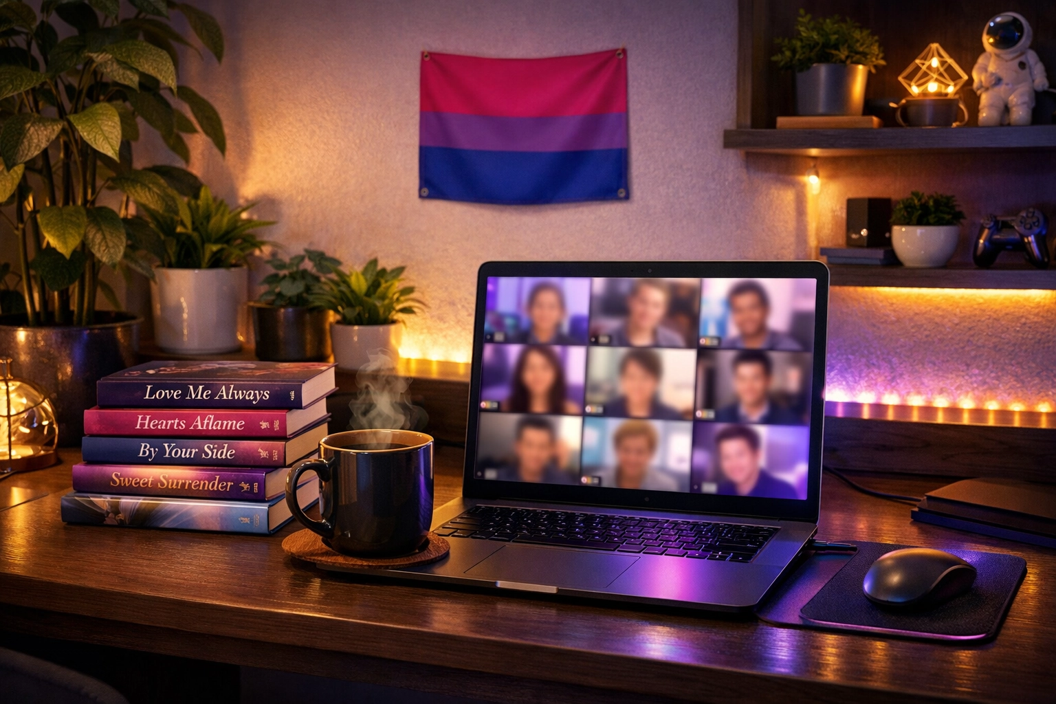 A cozy desk with MM romance books and a laptop, representing virtual LGBTQ+ book clubs and online queer spaces.