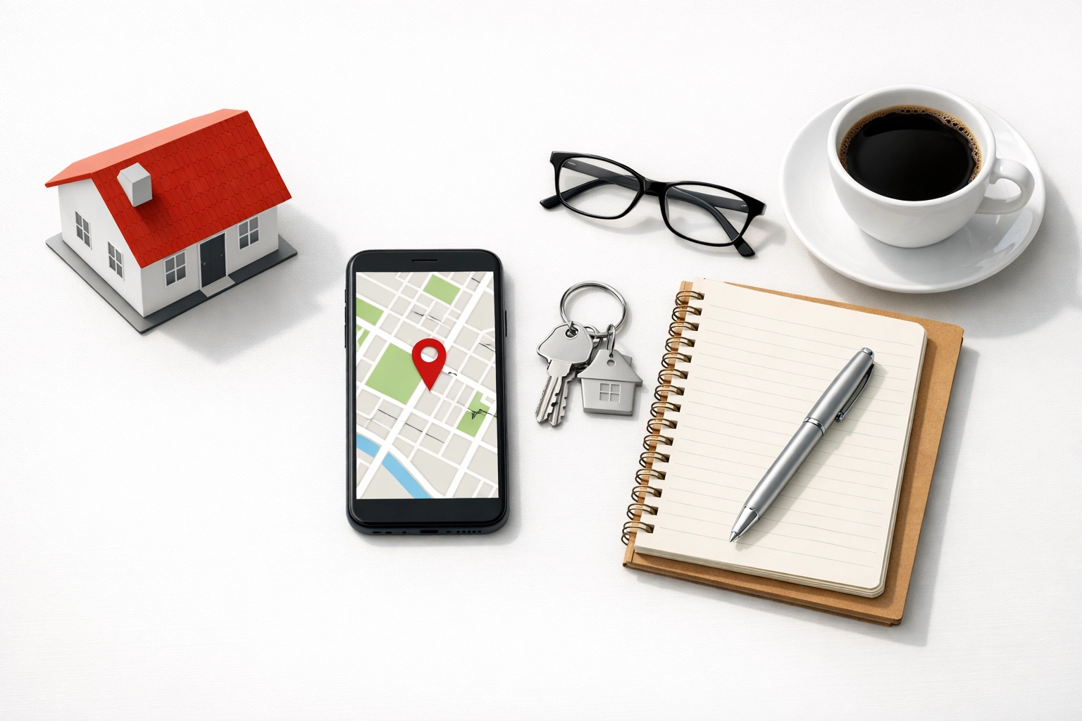 Home search planning materials including house keys, map, and model home for Chattanooga neighborhoods