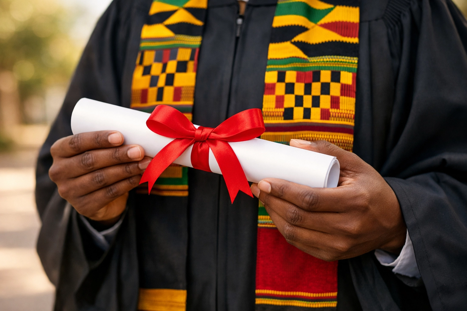 Hands holding a graduation diploma at the Nsawam female prison Bible school ceremony in Ghana.