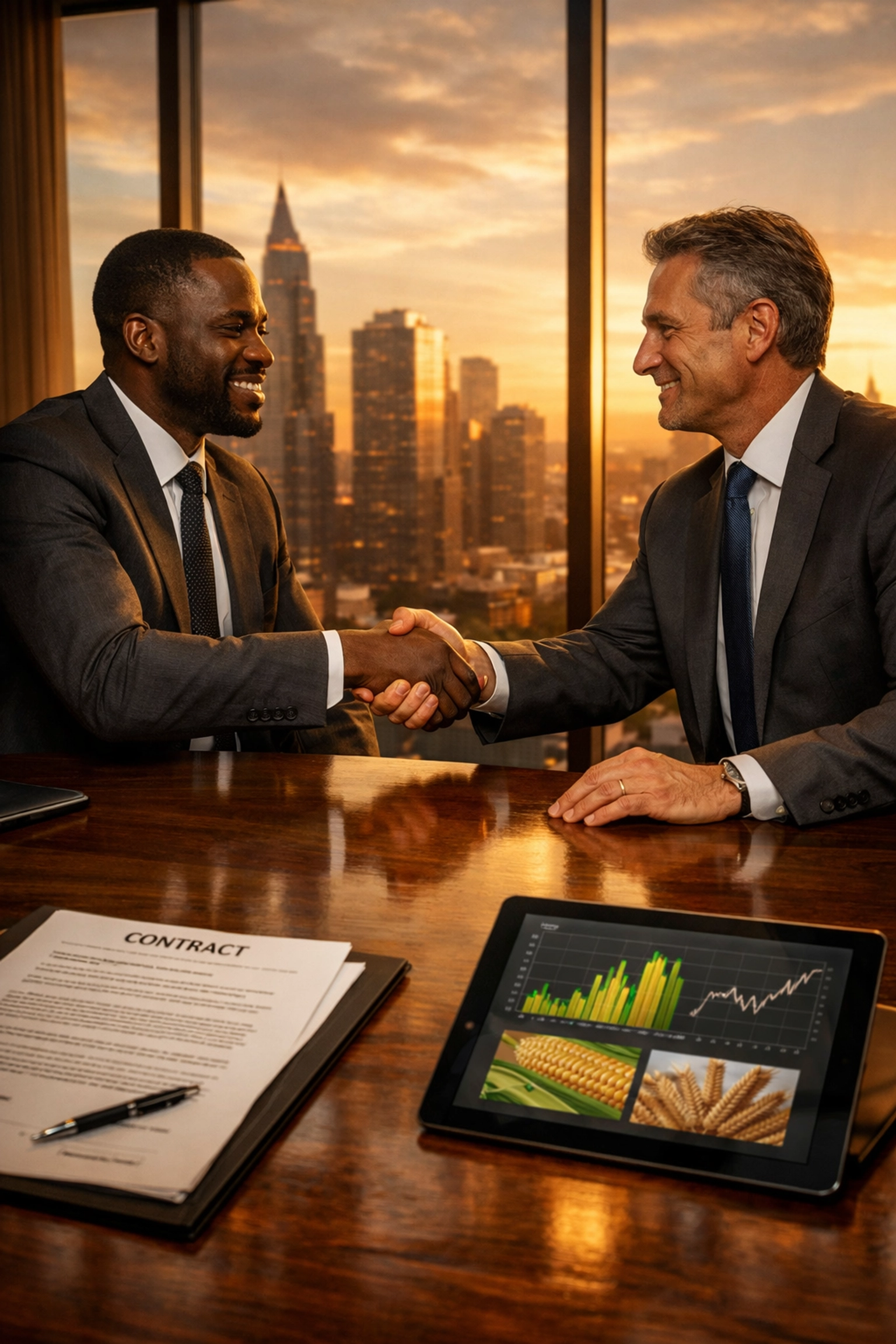 Business executives finalizing agricultural export agreements at international conference 2026