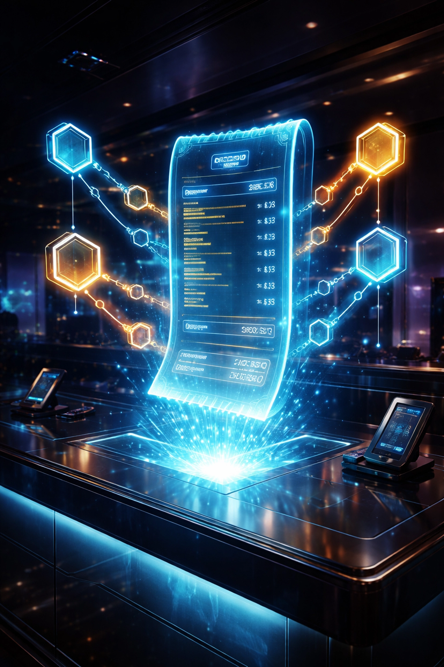 Digital NFT receipt with blockchain connections representing immutable merchant transaction records for accounting