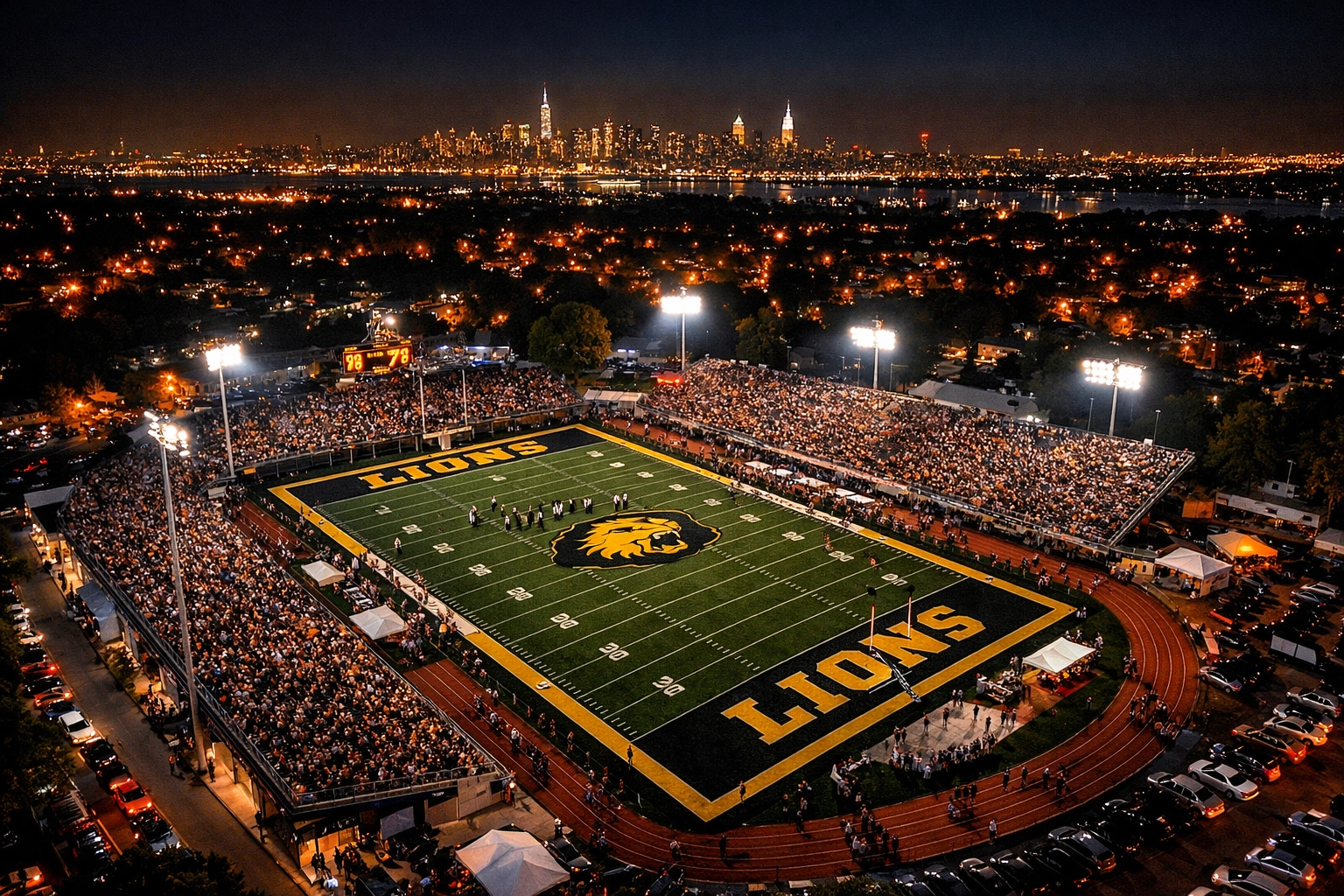 Night view of New Jersey high school football stadium in Paramus with city lights